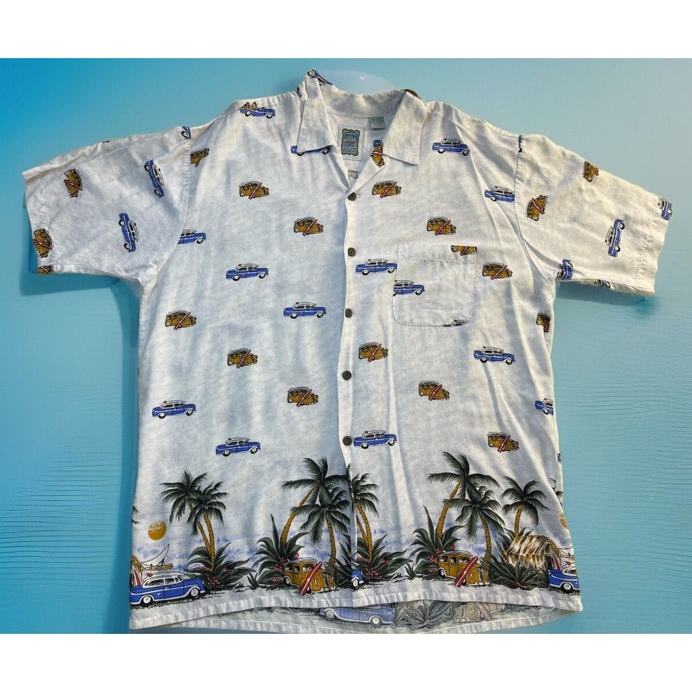 Ocean Current Button Shirt Men's‎ Size XL Cream Classic Cars Short Sleeve Pocket